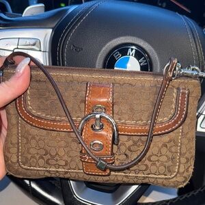 Coach Brown Monogram Wristlet with Silver Accents